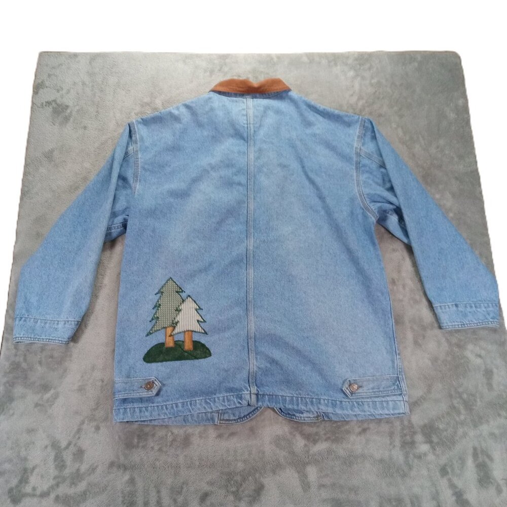 Vintage Sun Belt Denim Chore Coat Women XL Barn Jacket Embroidered Trees Cabin - Picture 2 of 15